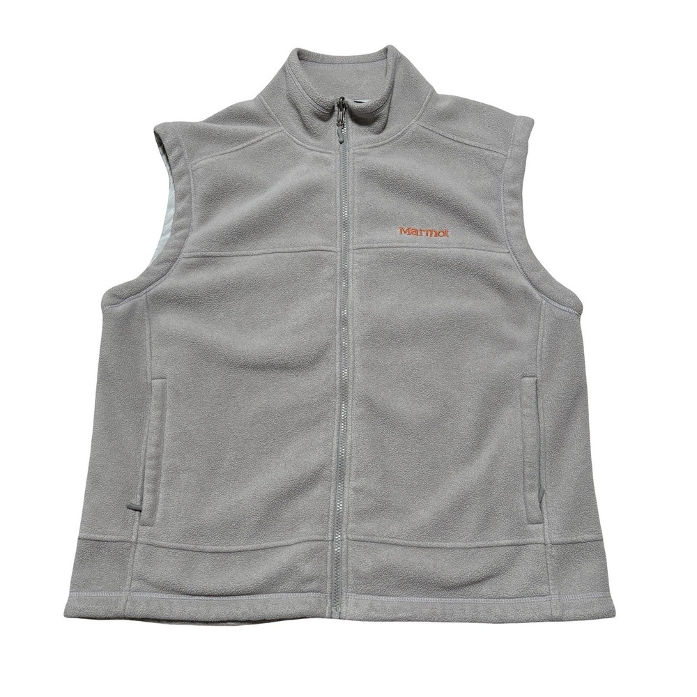 Marmot Men's Full Zip Fleece Vest Gray Embroidered Logo Size XL 23.5 x 27